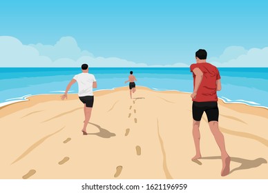 Beach Vector Illustration, people running in Beach Vector Illustration, Properly Layered, ESP File.