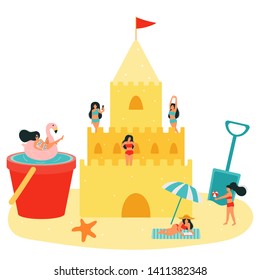Beach vector illustration. Sand castle and small people. Women relax, sunbathe, play a ball, swim in a pool in a bucket. The girl is photographed. Summertime vacation.