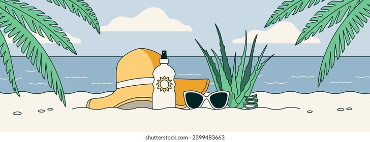 Beach vector illustration. Sun protection items set. Sun hat, sunglasses, sunscreen, aloe vera are on the beach on sand. Sea, palm trees, sand, sky summer landscape. Vector illustration. Flat style. 