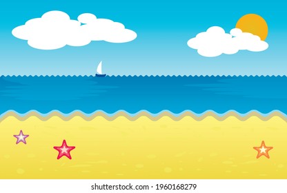Beach vector in landscape with clouds and sun. Background illustrator