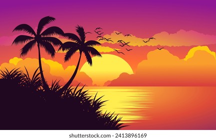 Beach vector landscape with flying birds and palm trees