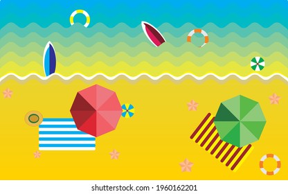 Strandvektor in Landschaft mit Regenschirm, Surfbrett und Reifen. Hintergrundillustrator