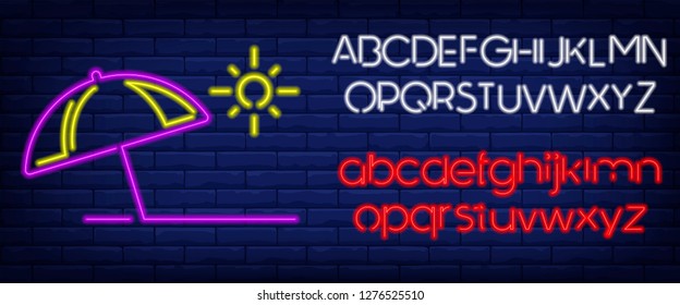 Beach vector neon logo, sign, emblem, symbol poster . Bright banner poster, neon bright sign. Editing text neon sign