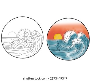 Beach vector print design. Watercolor ocean wave illustration t-shirt design. Hand sketch mountain graphic print artwork.