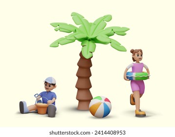 Beach vector scene in realistic style. Children play on sand under palm trees. Healthy and interesting vacation near sea, ocean. Colorful web template for summer advertising