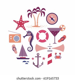 Beach, vector sea illustration, flat icon set, white background. Starfish, palm tree,compass, cocktail, sea horse, radio, boat, anchor, lighthouse, crab
