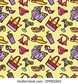 Beach. Vector seamless illustration, which shows: swimsuit, cocktail, beach towel, hat, sandals, beach bag, sunglasses.