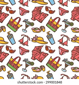 Beach. Vector seamless illustration, which shows: swimsuit, cocktail, beach towel, hat, sandals, beach bag, sunglasses.