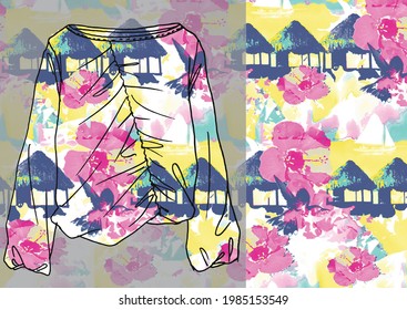 Beach vector seamless pattern on women's top mockup. Tropical leaves. Jungle foliage illustration. Exotic plants. Summer beach floral design. Paradise nature 