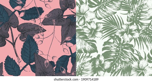 Beach vector seamless pattern. Tropical leaves. Jungle foliage illustration. Exotic plants. Summer beach floral design. 