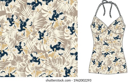 Beach Vector Seamless Pattern. Tropical Leaves On Women's Top Mockup. Jungle Foliage Illustration. Exotic Plants. Summer Beach Floral Design. 