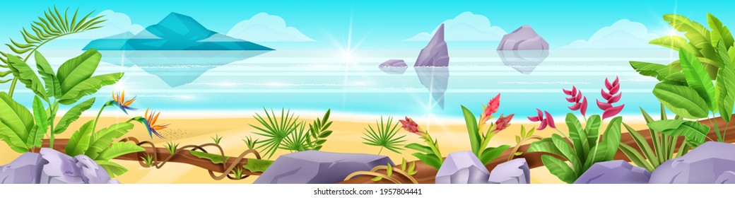 Beach vector tropical landscape, paradise vacation ocean view, exotic jungle nature plants, vine, stone. Summer Hawaii environment background, island flowers, fern, liana. Heaven beach landscape