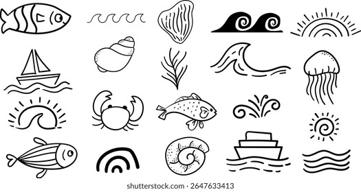 beach vibe doddle set,wave,fish beach background design set,Hand Drawn design element,Background design for beach party card,beach theme vector collection Pack.