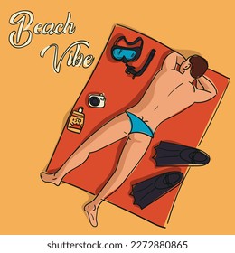 Beach vibe, a handsome man sunbathing in the sun. Vector design of a summer poster in a simple style. Contour illustration with a color image of an athletic man with a mask and fins lying on the sand