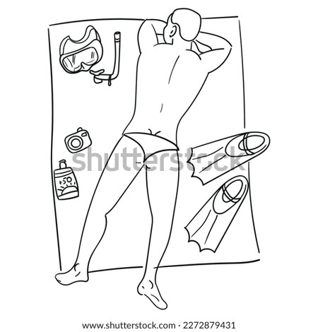 Beach vibe, a handsome man sunbathing in the sun. Vector design of a summer poster in a simple style. Contour illustration in the form of a sketch of an athletic man with a mask and fins on the sand