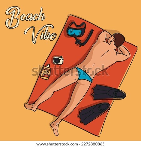Beach vibe, a handsome man sunbathing in the sun. Vector design of a summer poster in a simple style. Contour illustration with a color image of an athletic man with a mask and fins lying on the sand