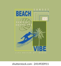 Beach Vibe Summer Adventure palm tree surfing leaf typographic poster design