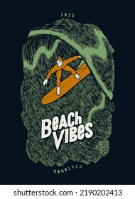 Beach Vibe surfer riding surfboard inside a wave. Vintage typography surfing typography t-shirt print vector illustration.