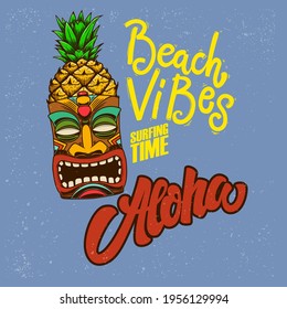 Beach vibes. Aloha. Emblem template with tiki idol. Design element for poster, card, banner, sign, emblem. Vector illustration