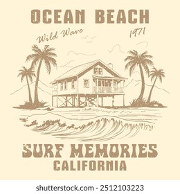 Beach vibes artwork. Summer design for t shirt print, sticker, background and other uses.  Surfing club graphic print design for t shirt. Good vibes vintage vector design.