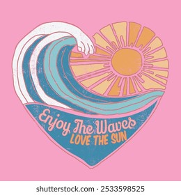 Beach vibes artwork. Summer design for t shirt print, Here comes the sun. Wave love club print design. Sunshine beach artwork