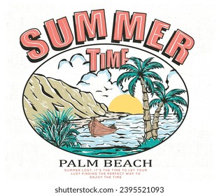 Beach vibes artwork for t shirt, poster, sticker. Summer good vibes. Paradise t shirt graphics design, typography slogan on palm trees background. Palm tree vector design. Mountain with ocean artwork.