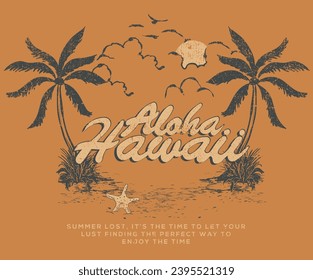 Beach vibes artwork for t shirt, poster, sticker. Summer good vibes. Paradise t shirt graphics design, typography slogan on palm trees background. aloha Hawaii vintage design. Seashell artwork. 