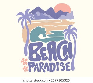 Beach vibes with board print design. Hand sketch beach vector design. Palm tree artwork. Beach wave. Beach paradise surf club. Modern art. Summer retro graphic print design.