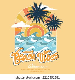 Beach Vibes, California, es un paraíso para los amantes de la puesta de sol y de la puesta de sol. surf y playa. huella de playa vintage. diseño gráfico tee