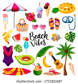 Beach vibes calligraphy lettering, summer travel and tropical design elements set. Vacation holiday icons, isolated on white background. Vector flat cartoon fun cute illustration.