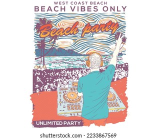 Beach vibes colorful graphics artwork. Summer dj party vector print design. Endless summer music tour. West coast, Beach party poster.