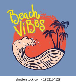 Beach vibes. Emblem template with sea waves and palms. Design element for poster, card, banner, sign, emblem. Vector illustration