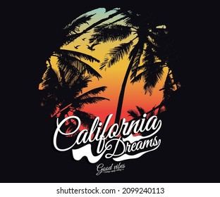 Beach vibes graphic print design for t shirt print, poster, sticker, background and other uses. Palm tree colorful retro print artwork.