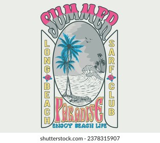 Beach vibes graphic print design for t shirt print, poster, sticker, background and other uses. Palm tree with wave print artwork. Summer adventure design. Enjoy beach life. Summer paradise.