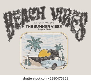 Beach vibes graphic print design for t shirt print, poster, sticker, background and other uses. Summer good vibes retro artwork. 