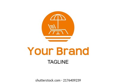 Beach vibes logo design, icon, symbol, mark. A bright, minimalist logo featuring a beach chair and umbrella under an orange sun. Perfect for travel agencies, resorts or beach club visual identity.