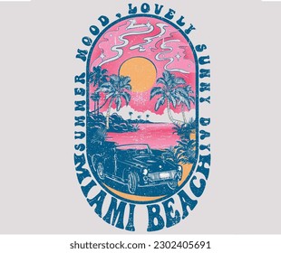 Beach vibes miami summer typo graphic gradient beach t shirt print design. Lovely beach graphic print design for t shirt print, poster, sticker, background and other uses. 