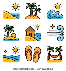 Beach vibes with nine summer beach icons for tropical paradise. Suitable for summer designs, travel websites, or vacation advertisements.
