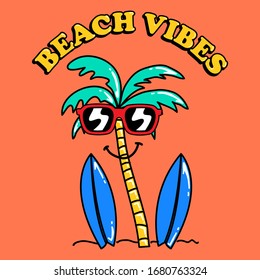 BEACH VIBES, PALM TREE WITH SUNGLASSES, SLOGAN PRINT VECTOR