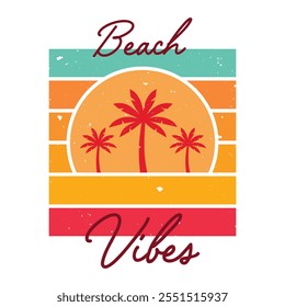 Beach Vibes Palm Trees with Retro Sunset Stripes