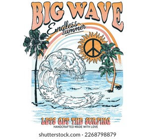 Beach vibes print artwork for t-shirt, poster, sticker and others. Big wave with palm tree vector design. 