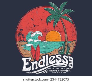 Beach vibes print design for apparel, stickers, posters, background and others. Endless summer. palm tree vector artwork.