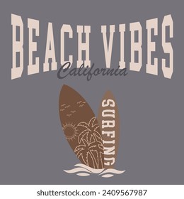 Beach vibes slogan, surfing palm tree printed vector graphic, california slogan print