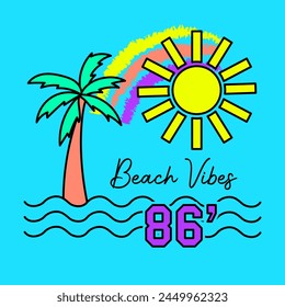BEACH VIBES SUMMER PRINT WITH A RAINBOW SUN AND A PALM TREE