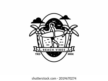 Beach vibes surfing line art illustration design