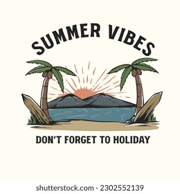 Beach vibes, surfing and sun. Vector summer poster design in vintage style