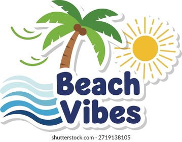 Texto de vibraciones de playa con palmera y Ilustración vectorial solar para vacaciones de verano.