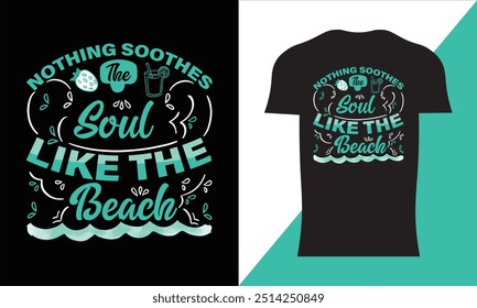 Design de t-shirt tipográfica com palmeira, praia do mar e pássaros