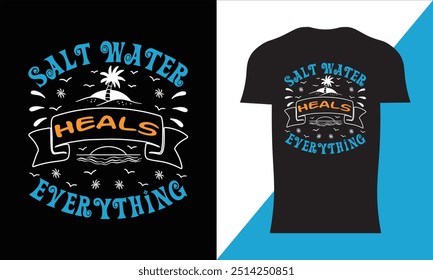 Beach vibes typography t-shirt design with palm tree, sea beach and birds