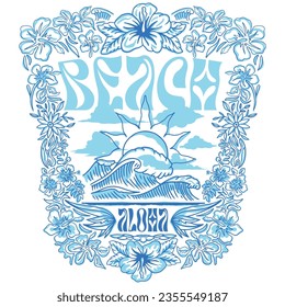 Beach Vibes Unleashed: Elevate Your Style with our Wave, Sun, and Floral Border Beach T-shirt Design